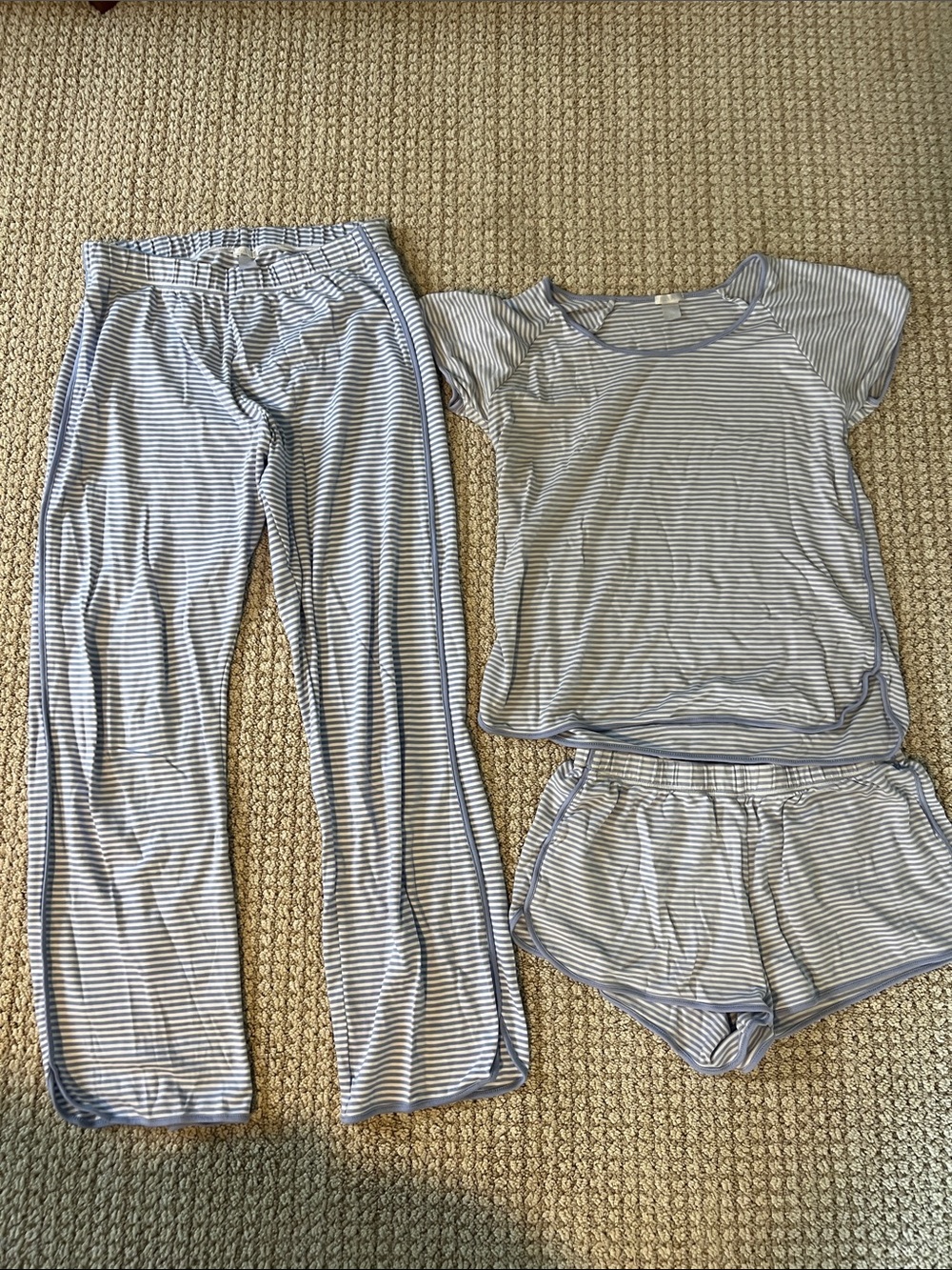 LAKE Pima Cotton Women’s Blue & White Striped Pajama Set - Shorts & Pants - Med
